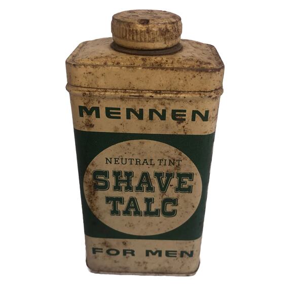 Mennen Shave Talc Men Neutral Tint Tin 4oz Metal Lid Green White Container Vtg - Picture 1 of 7